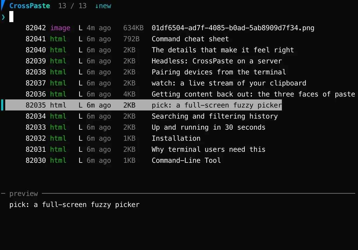 pick full-screen picker: a fuzzy-searchable history list on the left, a preview panel for the selected entry on the right